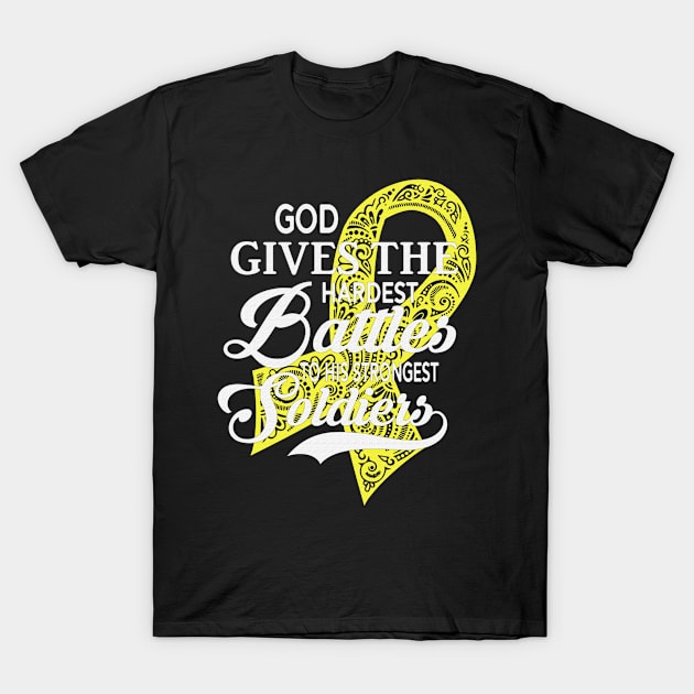 God Gives The Hardest Battles Strongest Soldiers Testicular Cancer Awareness Peach Ribbon Warrior T-Shirt by celsaclaudio506